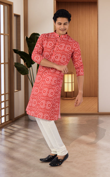 Designer Festive Wear Red Indo Western Cotton Kurta - RK4248