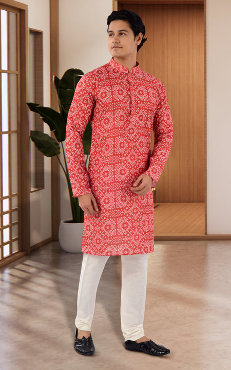 Designer Festive Wear Red Indo Western Cotton Kurta - RK4248