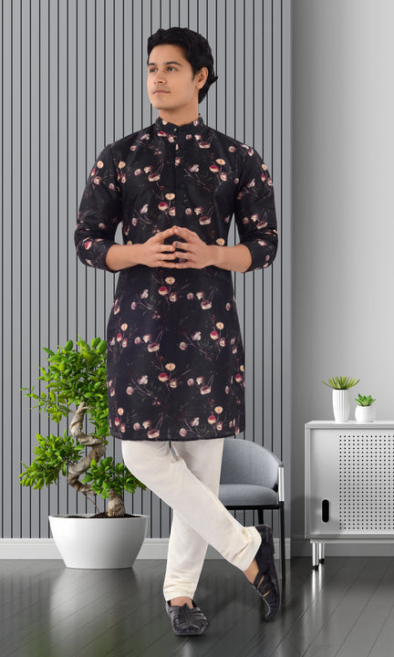 Designer Black Floral print Indo western silk kurta pajama- RK4253