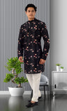 Designer Black Floral print Indo western silk kurta pajama- RK4253