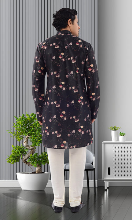 Designer Black Floral print Indo western silk kurta pajama- RK4253