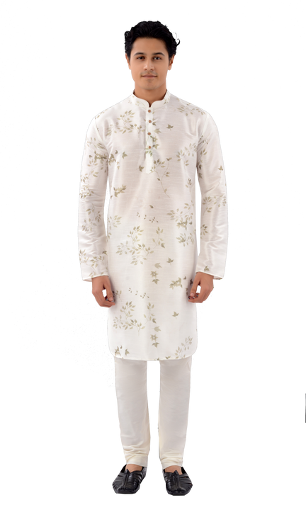 Designer White Floral print Indo western silk kurta pajama- RK4254