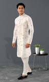 Designer White Floral print Indo western silk kurta pajama- RK4254