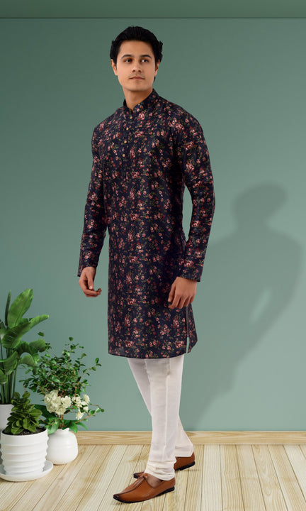 Designer Multicolor Blue and Pink Floral Indo Western Kurta-RK4255