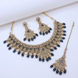 Gorgeous Navy Blue Beaded Glass Necklace Set with Earrings and Tika -SNTDC-1