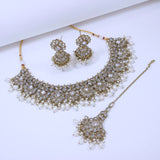 Golden Forest White Stone Jewelry Set  With Earrings and Tika-SNTDC-29