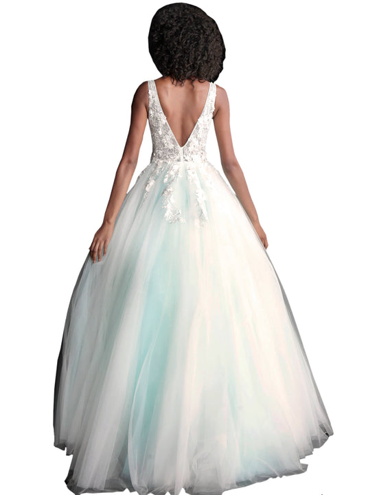 Jovani Off White Floral Appliques V Neck Prom Ballgown Dress