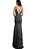 Jovani Gunmetal Silver Beaded Glitter V Back Prom Dress