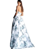 Jovani Ivory Blue Print Halter Neckline Prom Ballgown Dress