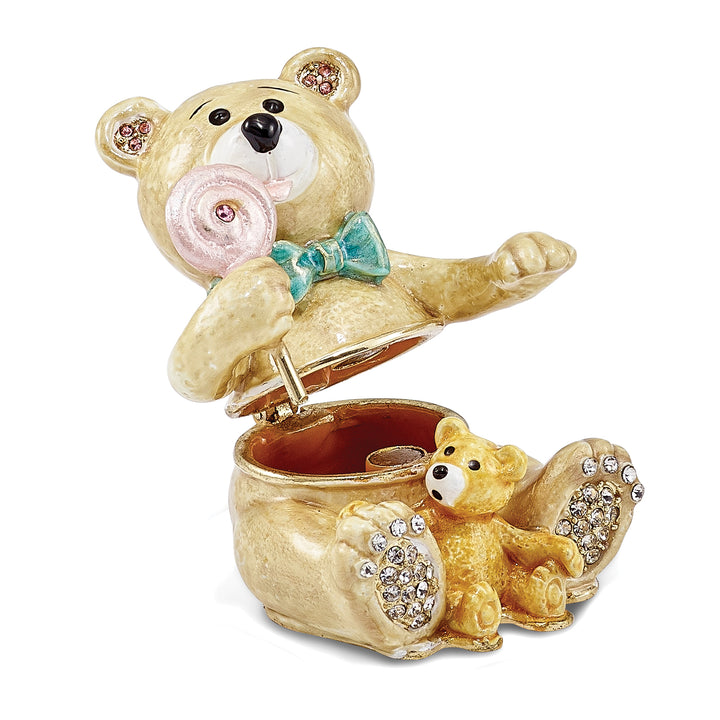 Bejeweled Two Teddy Bears Trinket Box with Charm Pendant