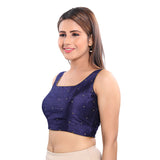 Lovely Stone Work Designer Indian Traditional Navy-Blue Round Neck Saree Blouse Choli (CO-202NS-Navy-Blue)