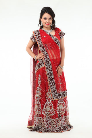 Eid Special Fascinating Designer Wedding Wear Red-Orange Color Embroidered  Lehenga Style Saree In Fancy Fabric