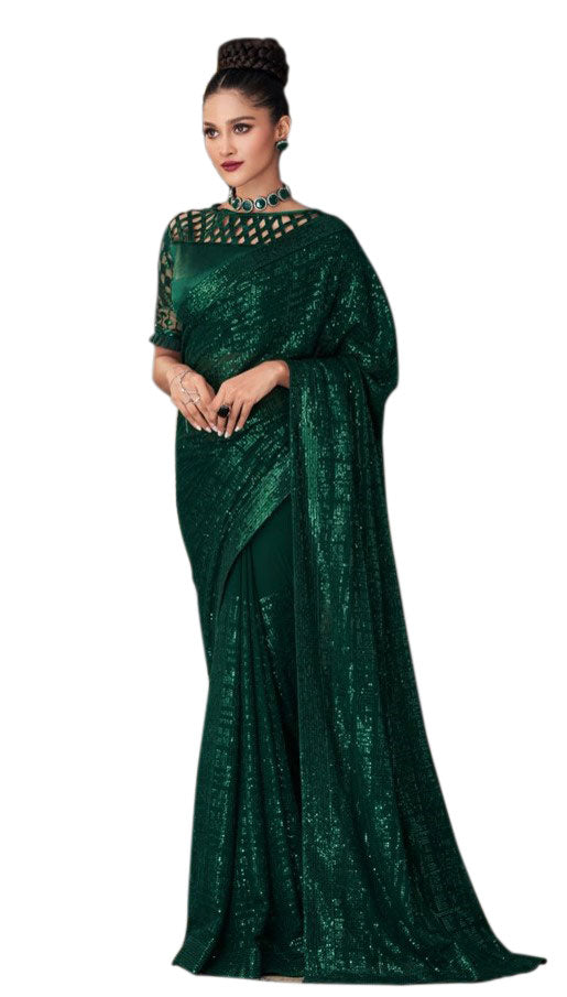 Buy Olive Green Sequined Georgette Party Wear Saree from EthnicPlus.