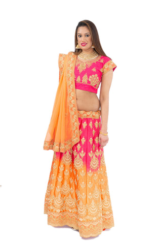 Pink and Yellow Embroidered Butta Lehenga in Banarasi Silk with Handwork