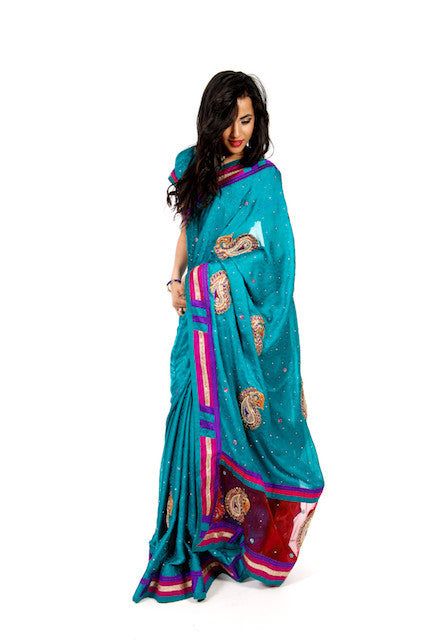 Aqua Blue & Yellow Woven Dola Silk Saree with Designer Embroidery Blou –  Rushini