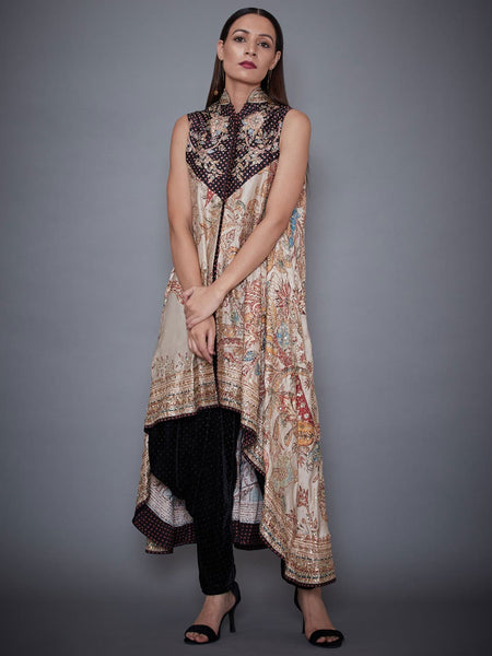 RI Ritu Kumar Beige & Burgundy Embroidered Kurti With Dhoti Trousers ...