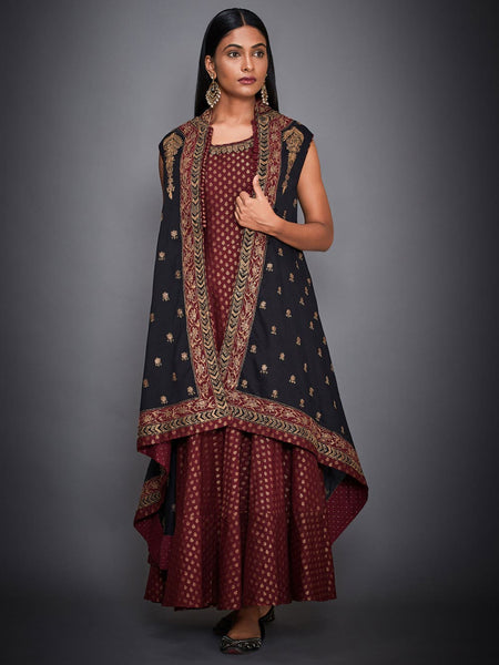 RI Ritu Kumar Black & Burgundy Tiered Dress With Jacket – Saris and Things