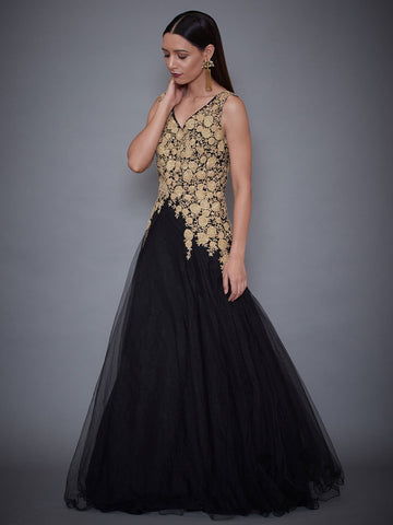 Buy Black & Gold Embroidered Velvet Gown Online - RI.Ritu Kumar UAE Store  View