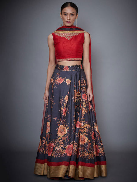 RI Ritu Kumar Red & Black Floral Print Lehenga Set – Saris and Things