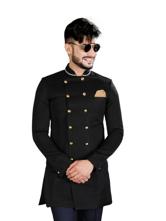 Bold Black Beautiful Silk Indian Wedding Indo-Western Sherwani for Men -RK1211