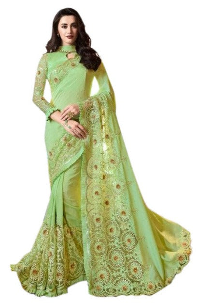 Grey colored Readymade Satin Saree with Patch and Designer Belt
