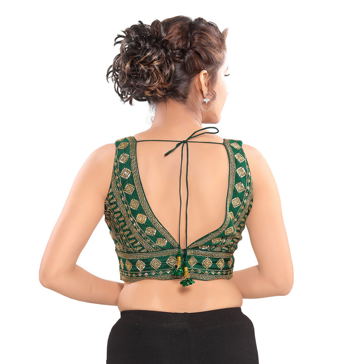 Trendy Green Designer Indian Saree Blouse Choli with V-neck (B