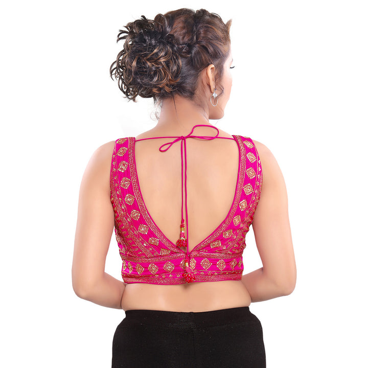 Spectacular Designer Indian Pink Plunging V-Neckline Sleeveless Saree –  Saris and Things