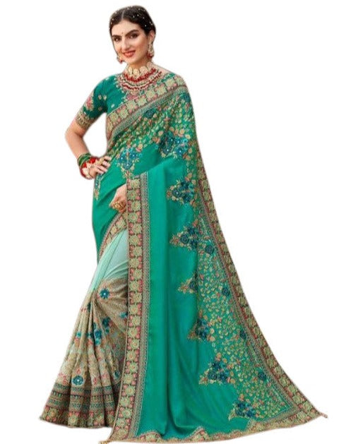 Buy Peacock Green Saree In Satin Chinon With Scallop Border And Unstitched  Blouse Piece Kalki Fashion India