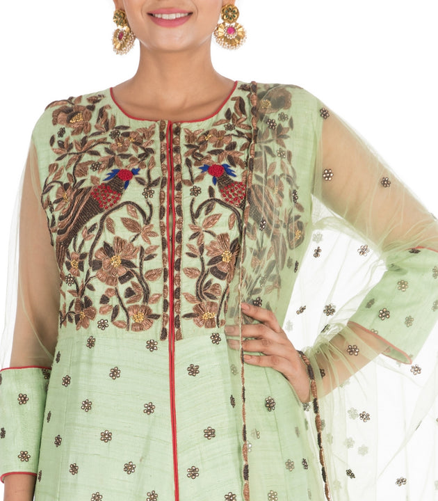 Heavy Hand Embroidered Pastel Green And Maroon Jacket Lehenga Set