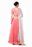 Embroidered Peach Net Lehenga Set With Blue Dupatta