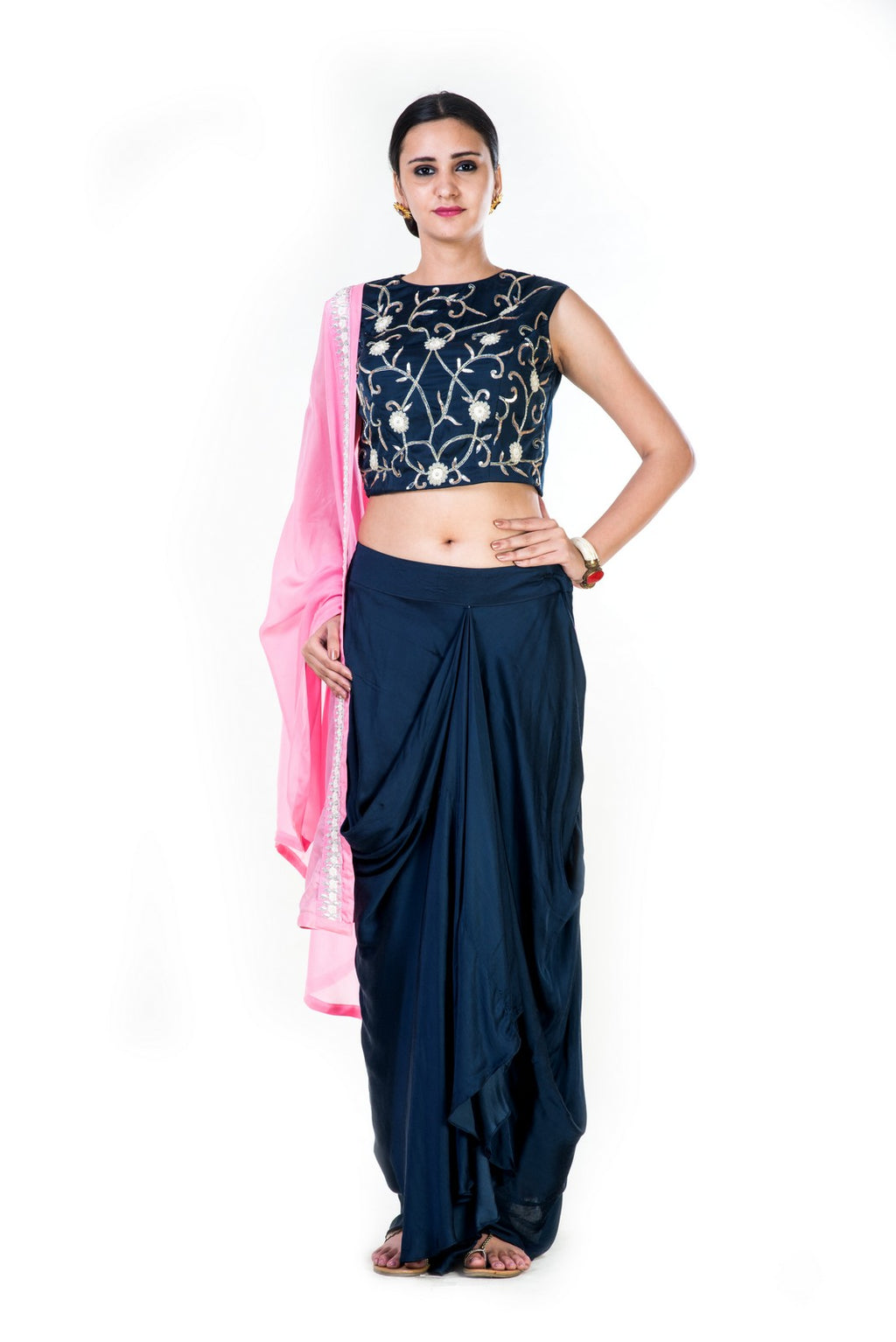 Hand Embroidered Navy Blue Crop Top & A Draped Skirt With A Pink Dupat ...