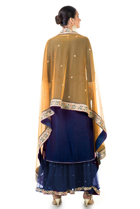 Navy Blue Double Layer Dress With Beige Dupatta