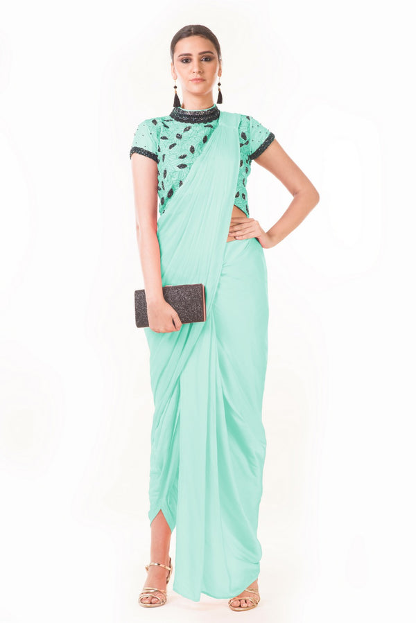 Mint Green Draped Dhoti With Shaded Palla & Patta Work Croptop