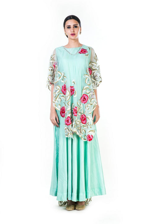 Embroidered Firozi Gown With A Floral Work Cape