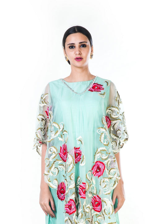 Embroidered Firozi Gown With A Floral Work Cape