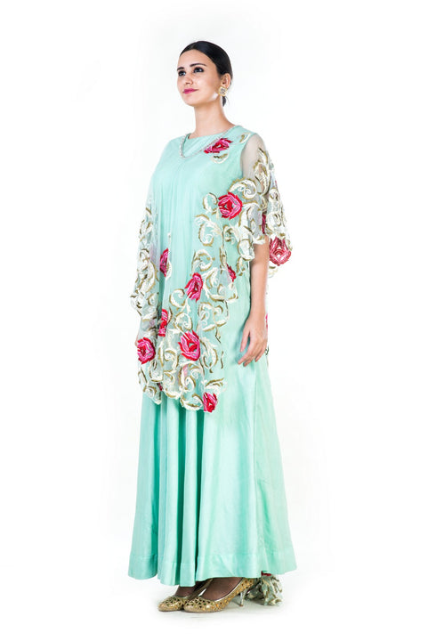 Embroidered Firozi Gown With A Floral Work Cape