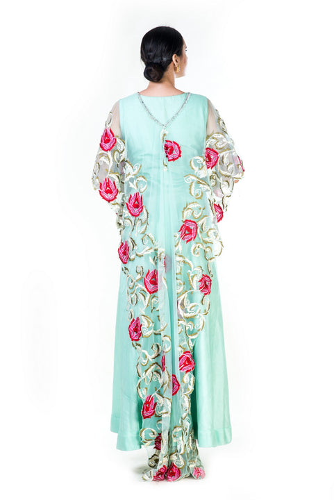 Embroidered Firozi Gown With A Floral Work Cape