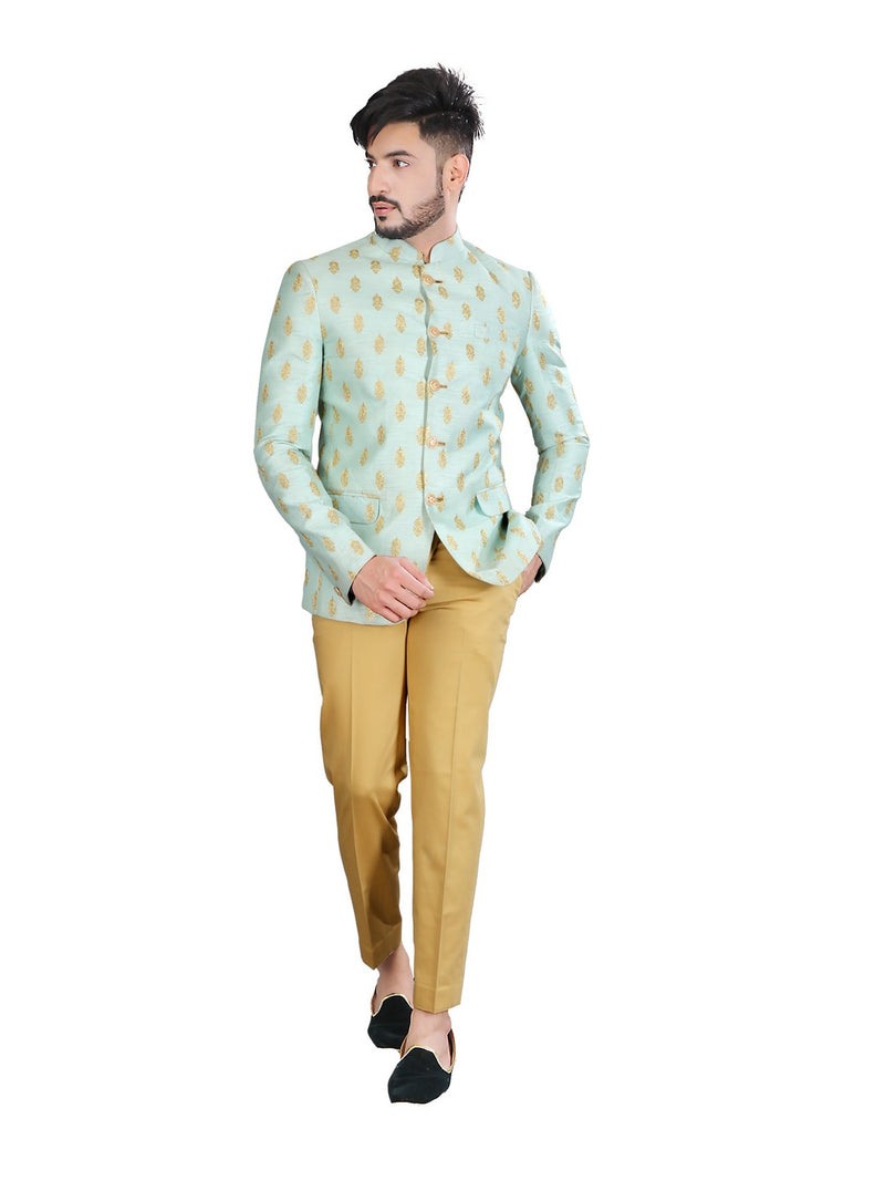 Elegant Sea Foam Silk Jodhpuri Printed Wedding Indian Suit Set For