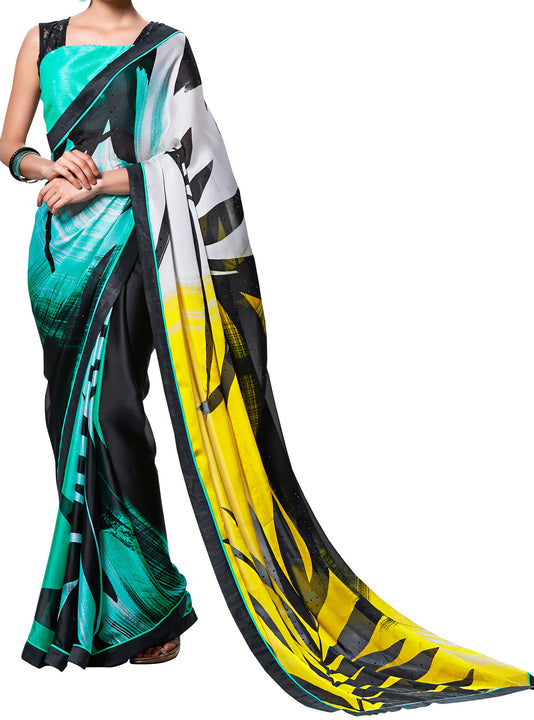 Digital Print Crepe Silk Black & Yellow Shaded Saree Sari D-305