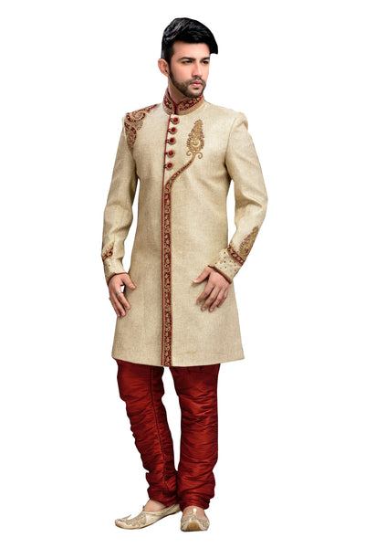 Traditional Beige Jute Silk Indian Wedding Sherwani For Men – Saris and ...